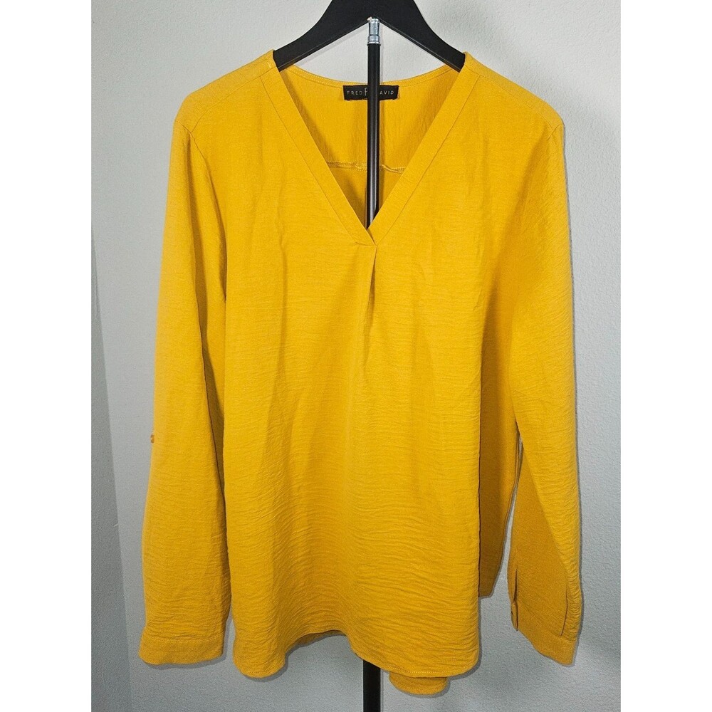 Fred David Womens Yellow Blouse Top L V Neck Roll Tab Long Sleeve‎ Tunic